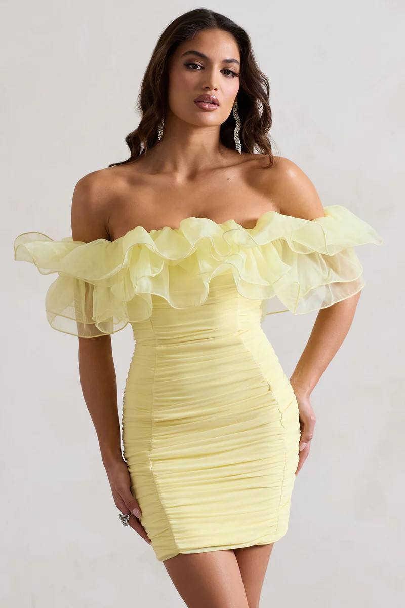 Waterlily | Lemon Ruched Bardot Mini Dress With Organza Trim | Club L London