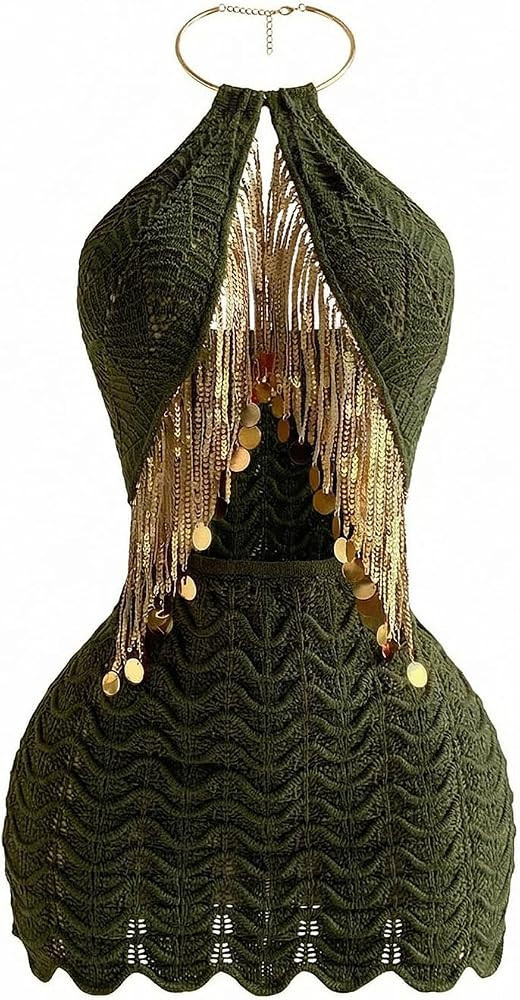 OYOANGLE Women's Sequin Fringe Cut Out Halter Dresses Crochet Bodycon Dress | Amazon (US)