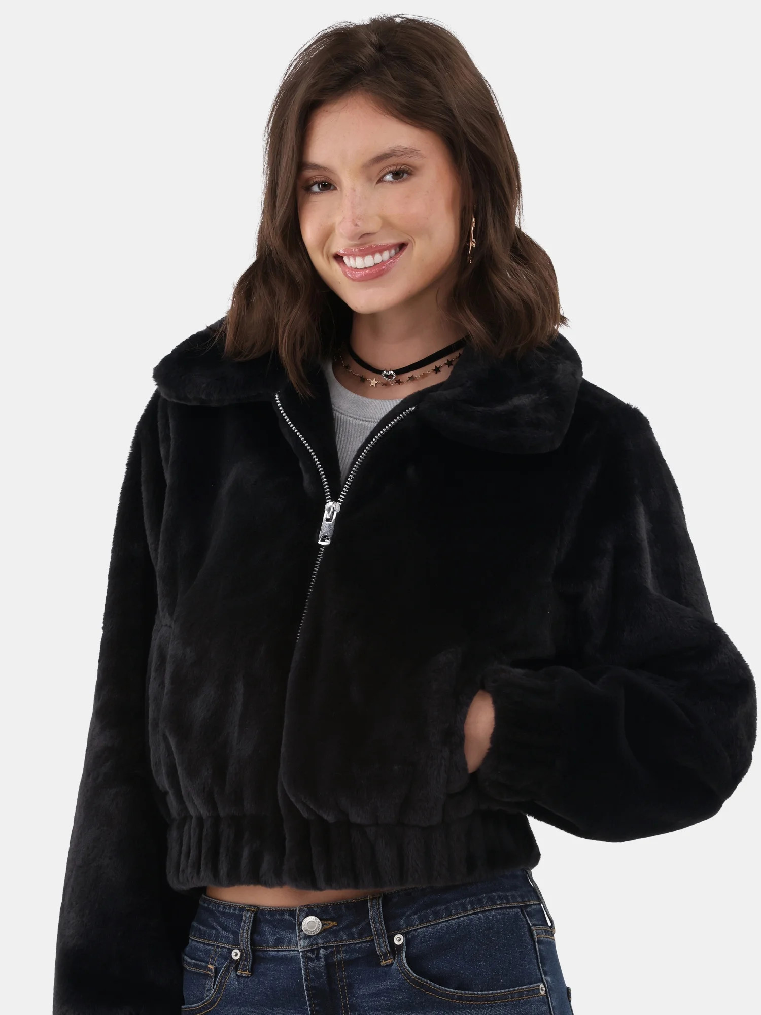 No Boundaries Faux Fur Bomber Jacket, Women's and Women's Plus | Walmart (US)