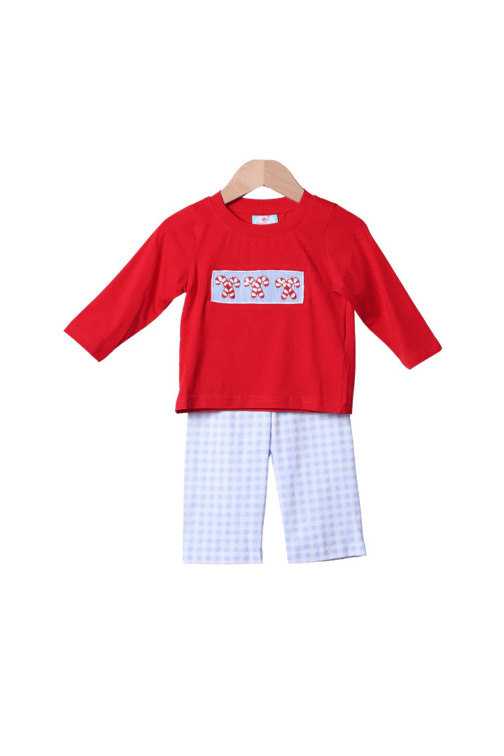 Smocked Blue Gingham Red Knit Candy Cane Pant Set | The Smocked Flamingo