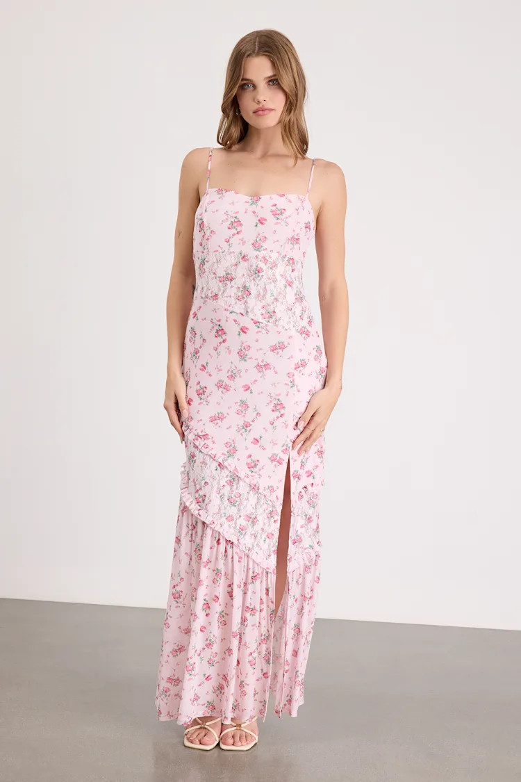 Kasha Light Pink Floral Asymmetrical Maxi Dress | Lulus
