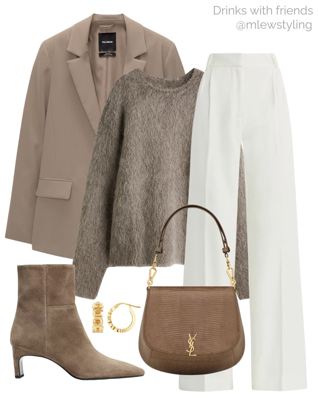 Fall outfit for drinks with friends 🤍

Tags: favorite daughter tailored trousers, white pants, H&M taupe mohair sweater, ysl shoulder bag, suede ankle boots, taupe blazer gold earrings, date night outfit, autumn look 

#LTKParties #LTKItBag #LTKShoeCrush