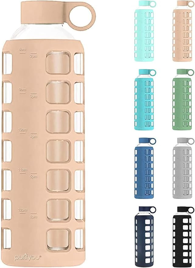 purifyou Premium 40 / 32 / 22 / 12 oz Glass Water Bottles with Times to Drink and Volume, Silicon... | Amazon (US)