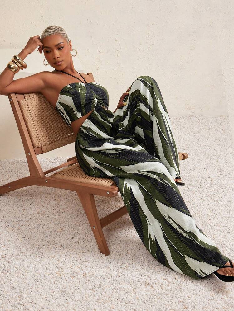 Vixey Halter Tie With Bead Trim Cutout Wide Leg Jumpsuit, Resort Wear, Vacation Outfit, Tropical ... | SHEIN