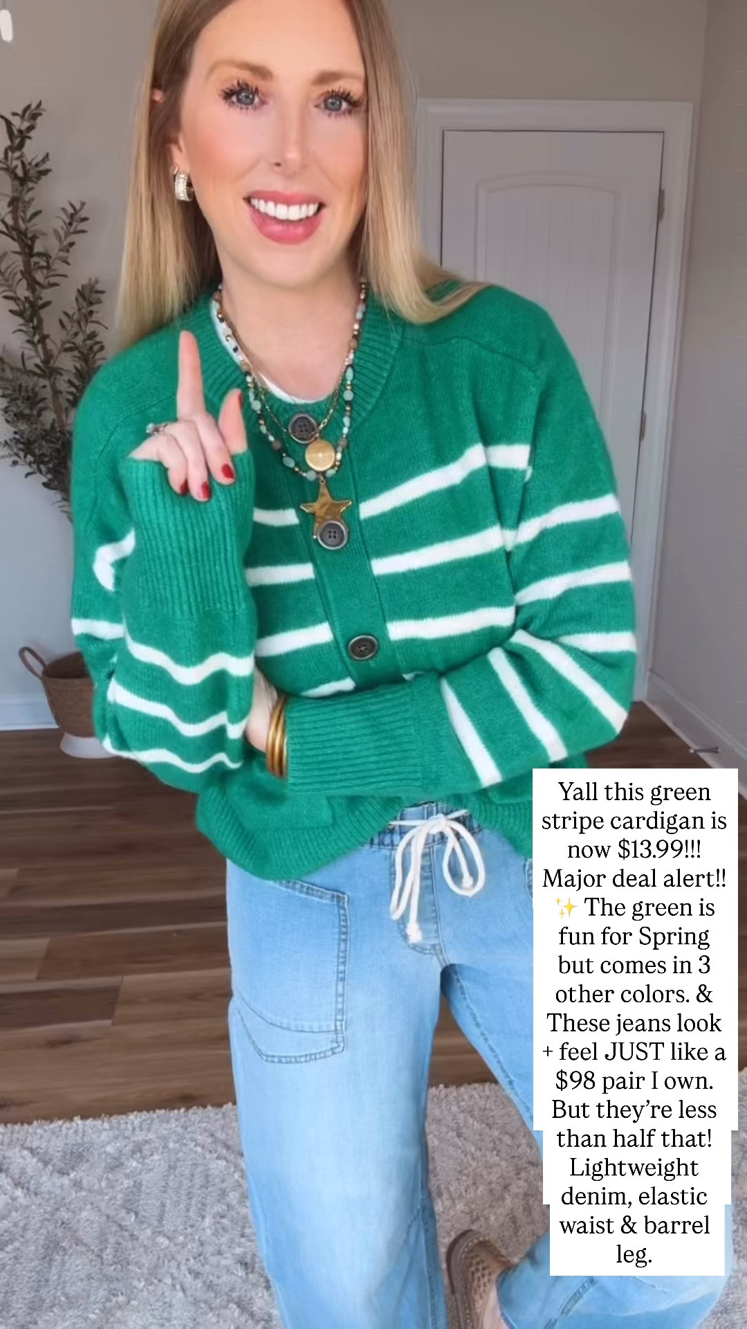 Kohls outfit try on, green stripe cardigan, elastic waist jeans 

@kohls #ad #kohlspartner #kohlsfinds

#LTKootd #LTKSaleAlert