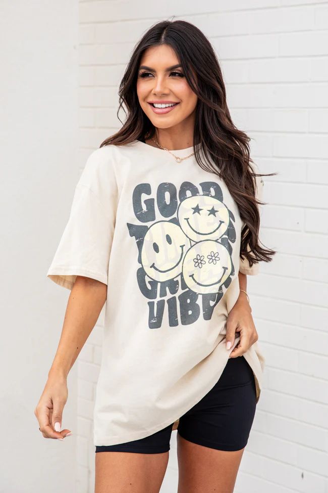Good Times Great Vibes Ivory Oversized Graphic Tee | Pink Lily