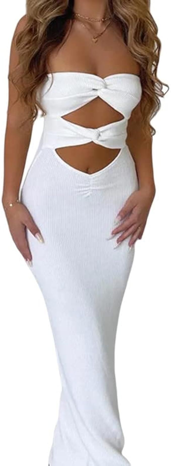 Women Cutout Bodycon Tube Long Dress Sexy Strapless Twist Knot Slim Fit Maxi Dresses Bandeau Tube... | Amazon (US)