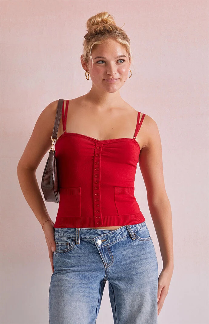 Beverly and Beck Women's Frankie Button Up Sweater Tank Top in Red - Size XL | PacSun
