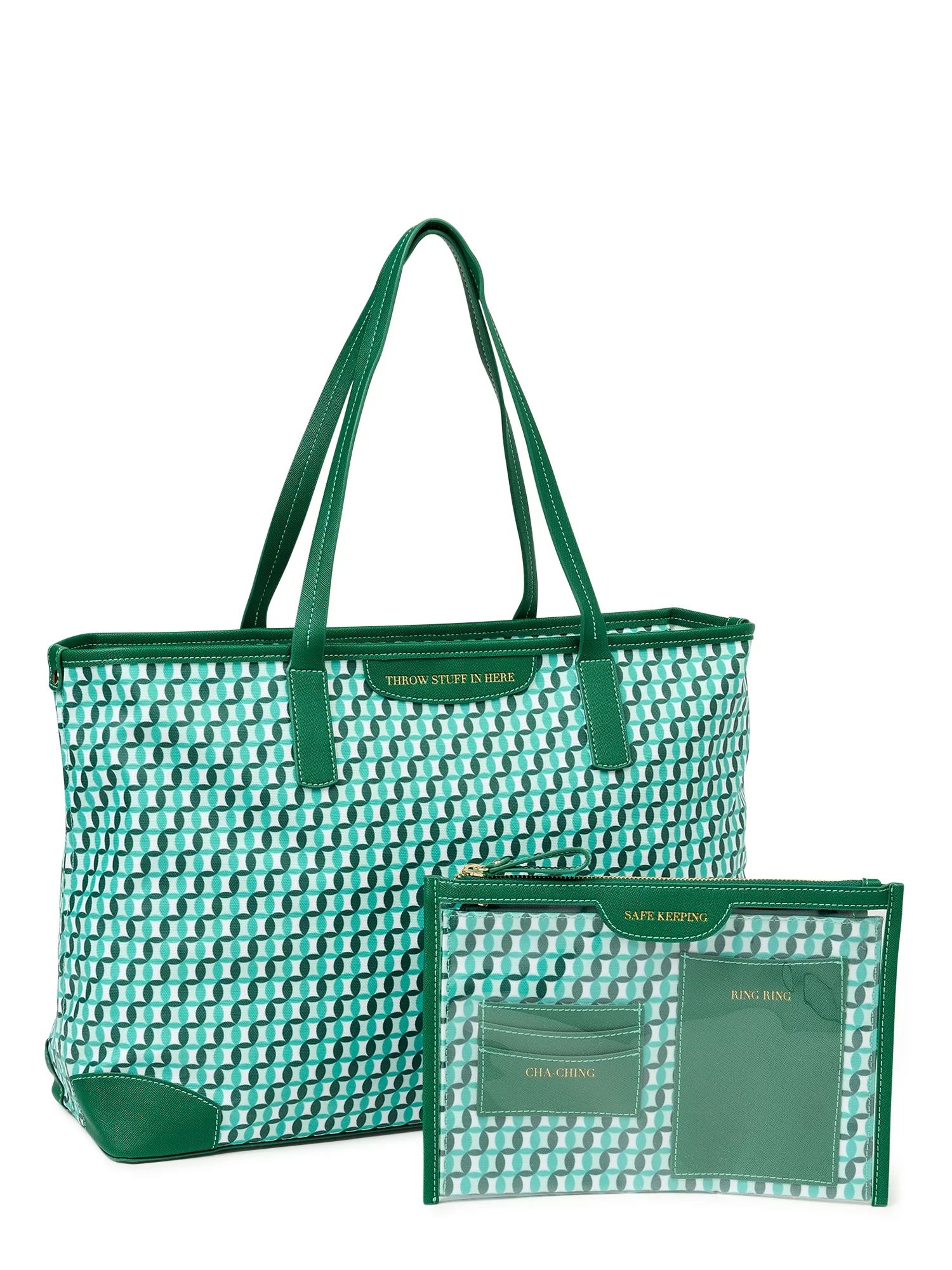 Time and Tru Women’s Sustainable Signature Tote and Pouch Set, 2-Piece Mint Chip | Walmart (US)