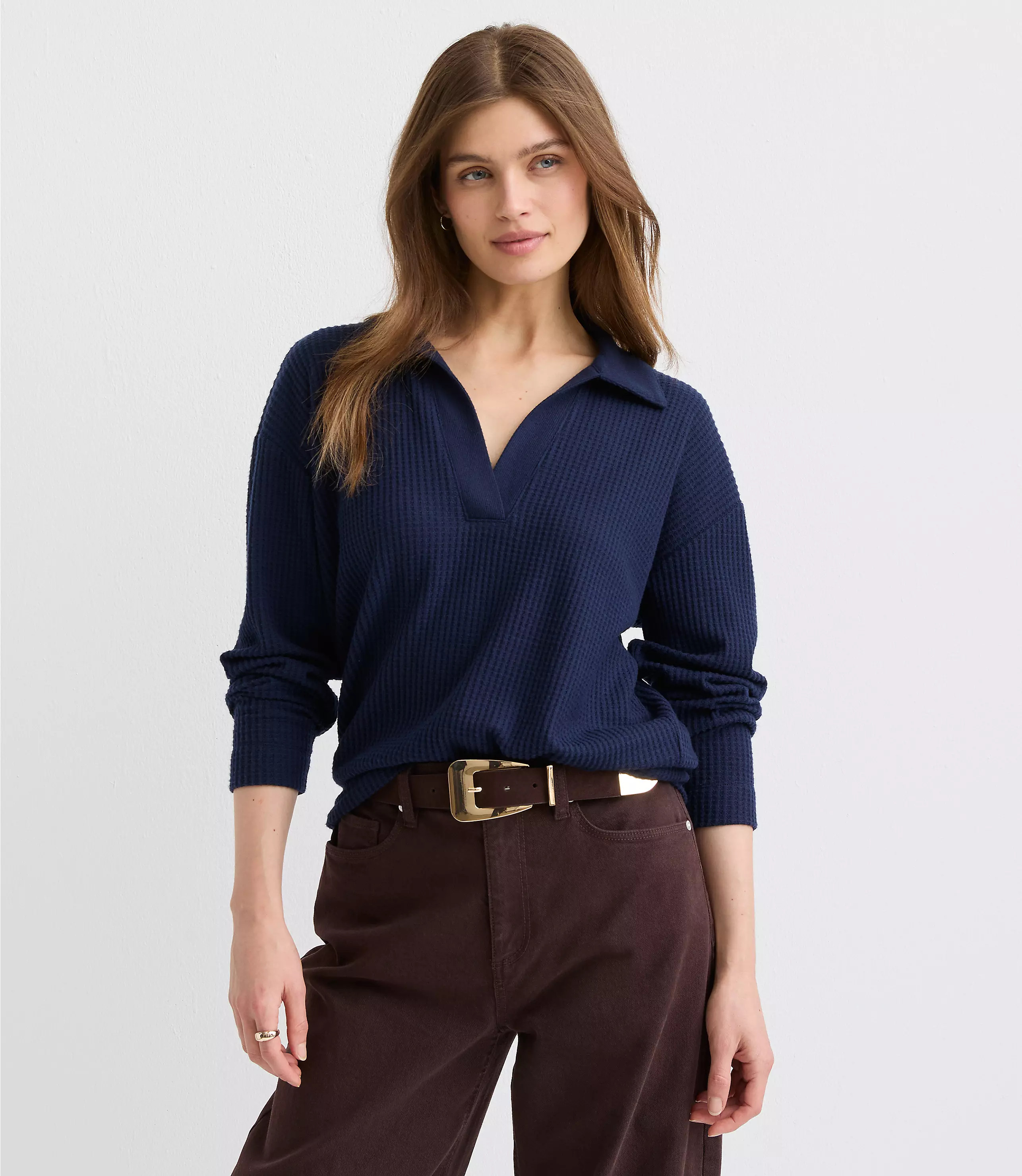 Waffle Collared V-Neck Top | LOFT