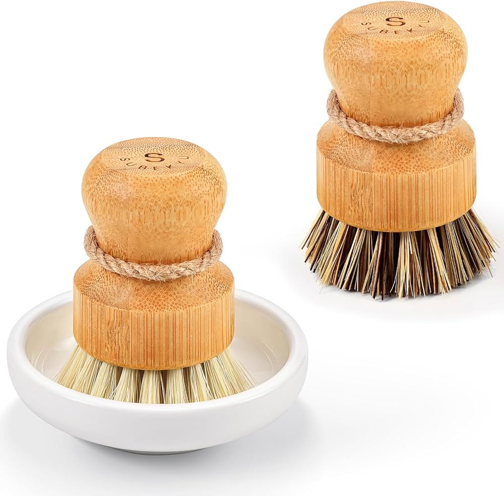 SUBEKYU Bamboo Dish Scrub Brushes, Kitchen Wooden Cleaning Scrubbers Set for Washing Cast Iron Pa... | Amazon (US)
