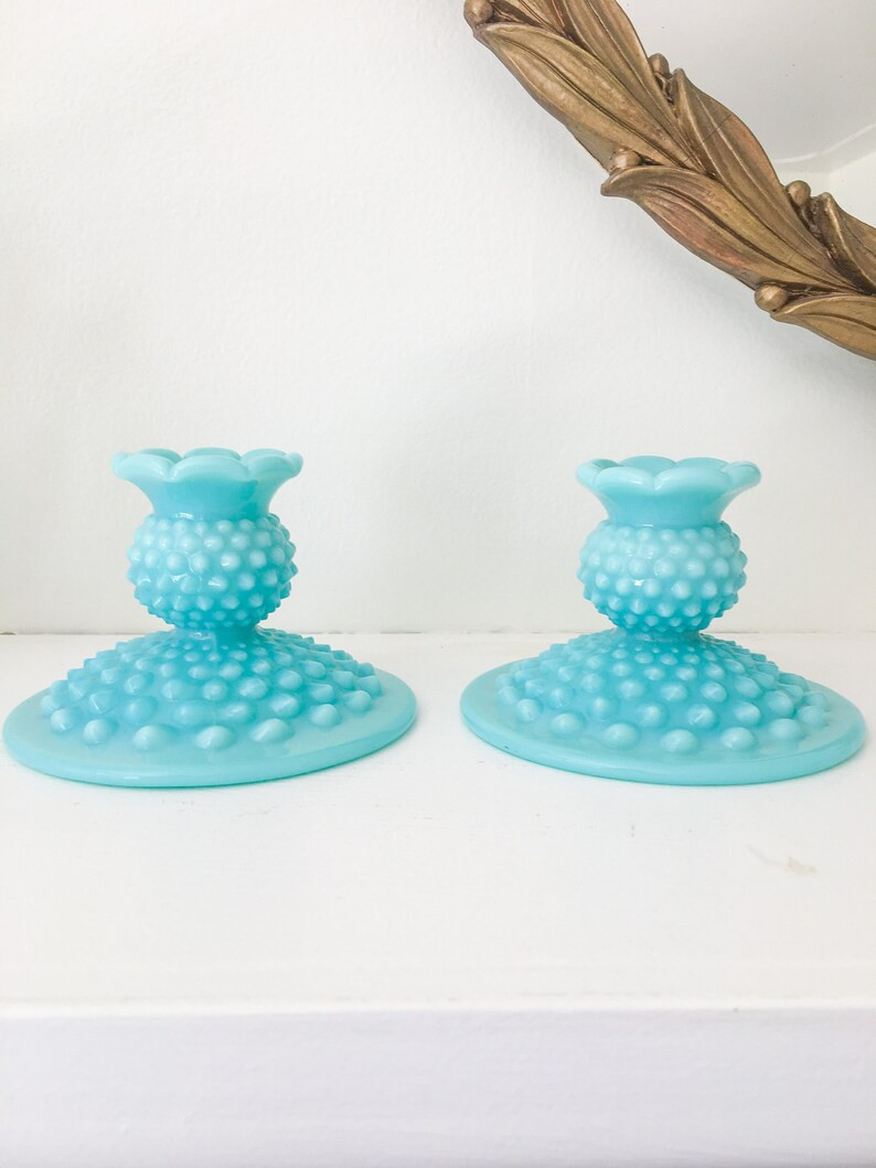 Fenton Turquoise Milk Glass Hobnail Candle Holders | Etsy (US)