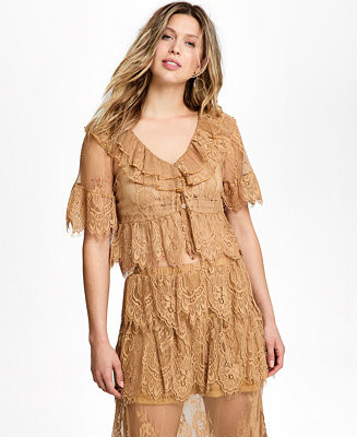 And Now ThisWomen's Lace Short-Sleeve V-Neck Ruffle Woven Top | Macy's