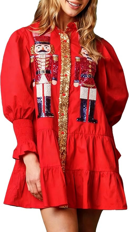 Womens Sequin Christmas Costume Nutcracker Shirt Dress Sparkle Holiday Santa Cocktail Sweatshirt ... | Amazon (US)