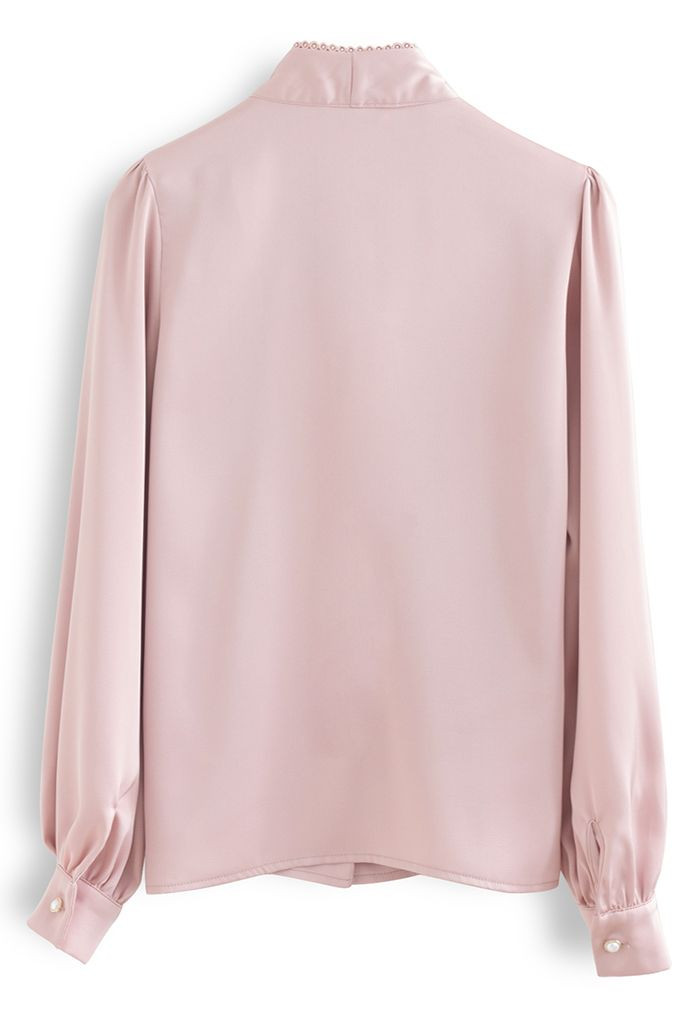 Lacy Edge Bowknot Textured Satin Top in Dusty Pink | Chicwish