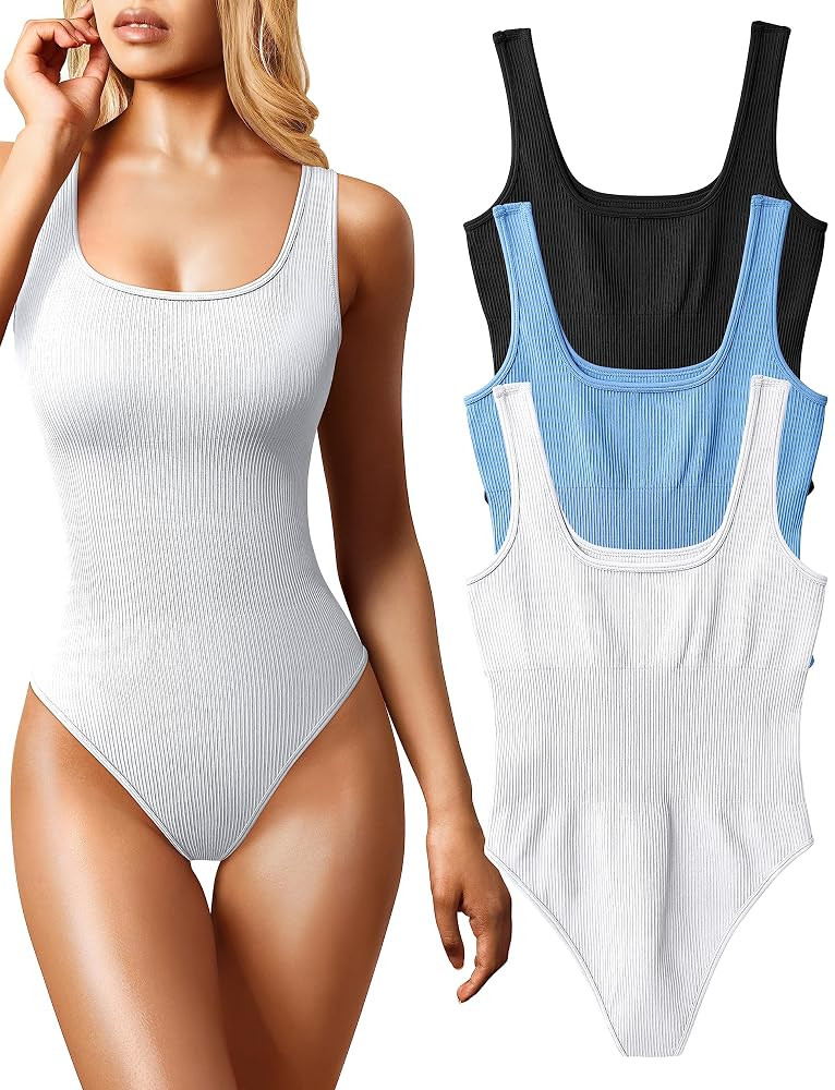 OQQ Women's 3 Piece Bodysuits Sexy Ribbed Sleeveless Square Neck Tank Tops Leotard 2025 Trendy Ou... | Amazon (US)