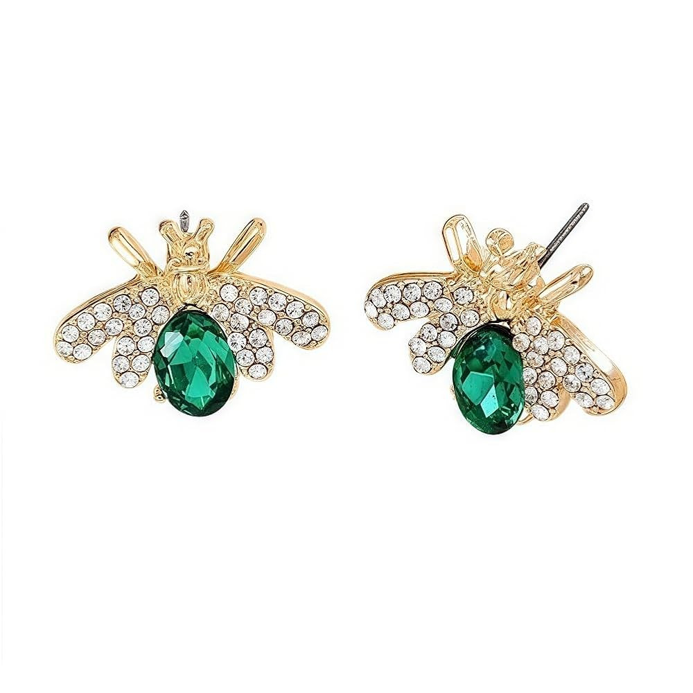 Crystal Bee Stud Earrings, Gold-Toned, Green Emerald Stone, Rhinestone Earrings for Women | Amazon (US)