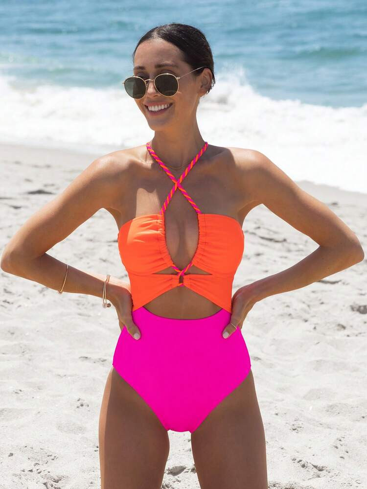 Popvil Women's Colorblock One-Piece Swimsuit, Fashionable Hollow Criss-Cross Design, Suitable For Summer Vacation | SHEIN