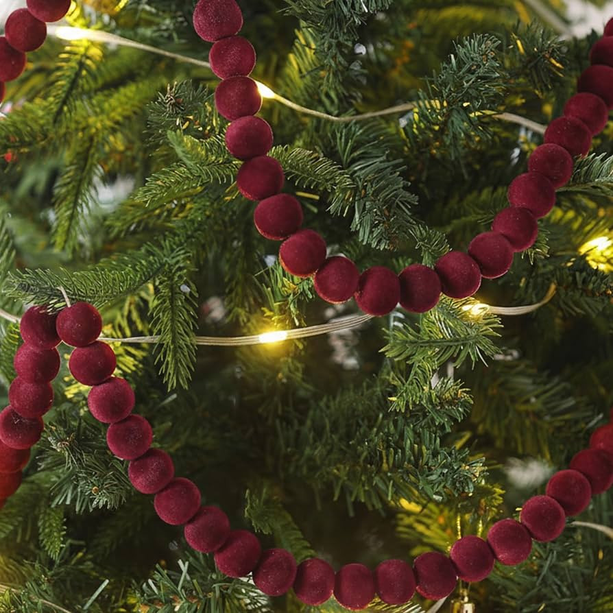 Roowest Burgundy Cranberry Wooden Bead Garland Decorations 6.6 ft Flocking Velvet Wood Beaded Chr... | Amazon (US)