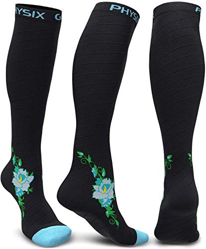 Physix Gear Compression Socks - Best Men & Womens Compression Socks for Circulation, Running, Nurses, Athletic Use Sock Compression, Blood Pressure Socks, Calcetines de, Black/Blue Flower, S/M | Amazon (US)