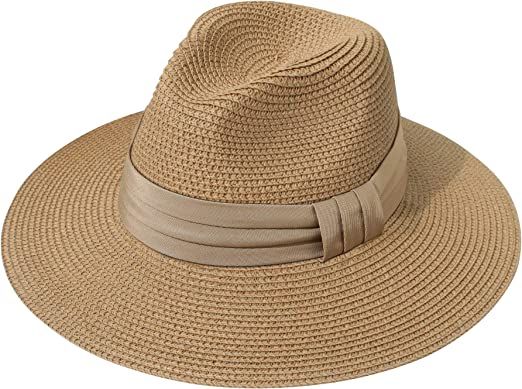 Lanzom Women Wide Brim Straw Panama Roll up Hat Belt Buckle Fedora Beach Sun Hat UPF50+ | Amazon (US)