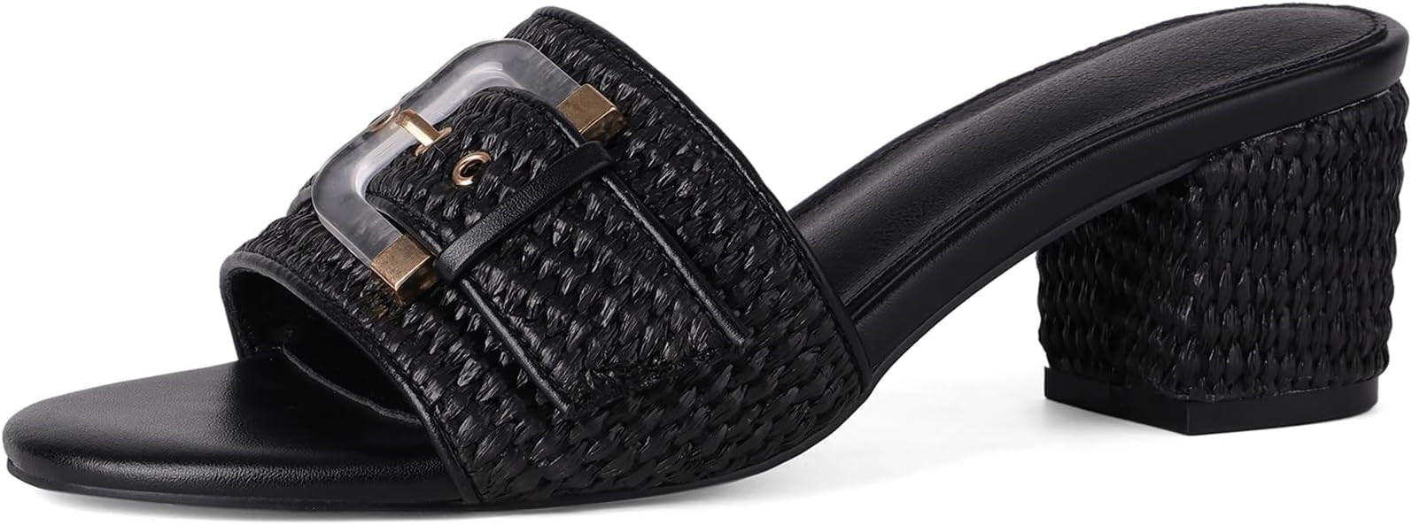 Women's Raffia Heeled Sandals Low Block Chunky Heel Sandals Open Toe Buckle Strap Beach Slip on M... | Amazon (US)