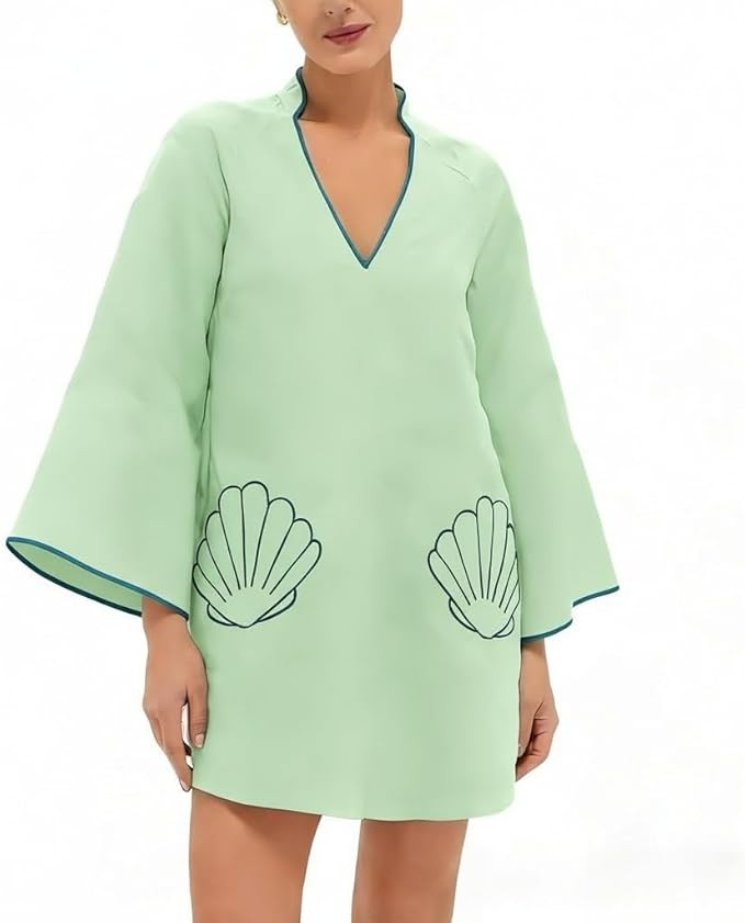 VAOYIU Women's Loose Fit V-Neck Shell Embroidery Mini Dress Casual 3/4 Sleeves Babydoll Skirts Su... | Amazon (US)