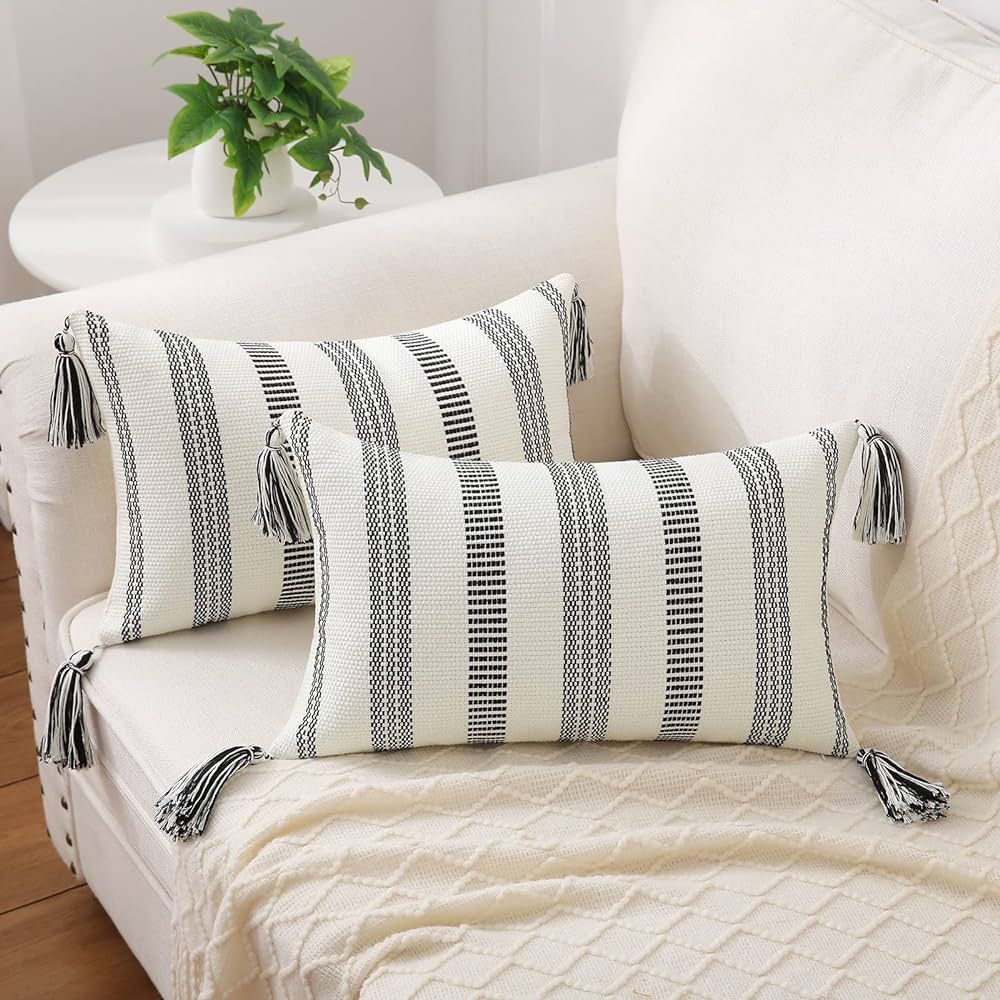 Smile Bee Boho Outdoor Throw Pillow Covers Set of 2, Decorative Lumbar Striped Pillow Covers with... | Amazon (US)