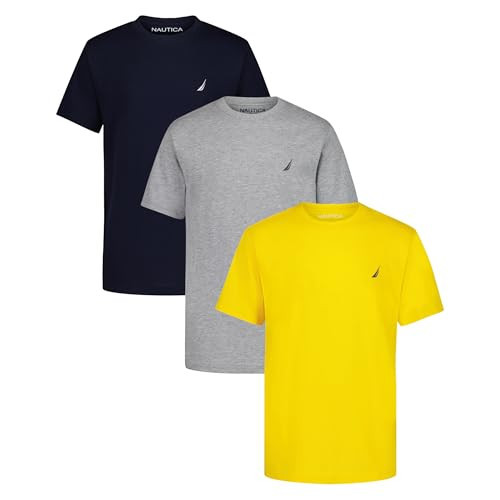 Nautica Boys' Short Sleeve Solid Crew Neck T-Shirt Multipack, Soft, Comfortable, Relaxed Fit, Lemon/Grey/Sport Navy, 8 | Amazon (US)