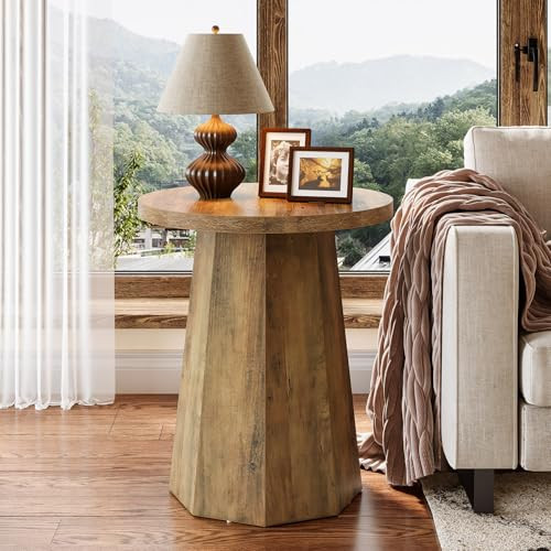 Tribesigns Farmhouse Round End Table, Wooden Couch Side Table with Octagonal Base, Rustic Brown Nightstand Pedestal Accent Furniture for Living Room, Bedroom (1) | Amazon (US)