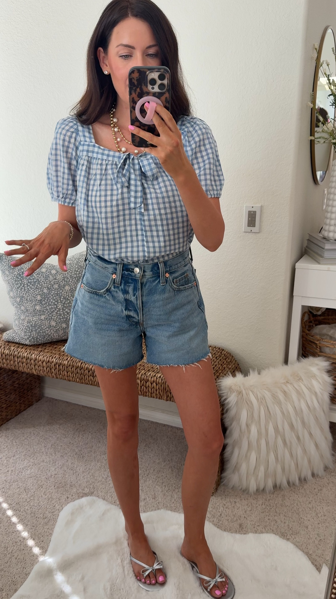 Xs blouse-runs very flowy I’d size down 
50% OFF!!
Denim shorts-run tts, wearing a 2

#LTKSaleAlert #LTKSeasonal #LTKootd