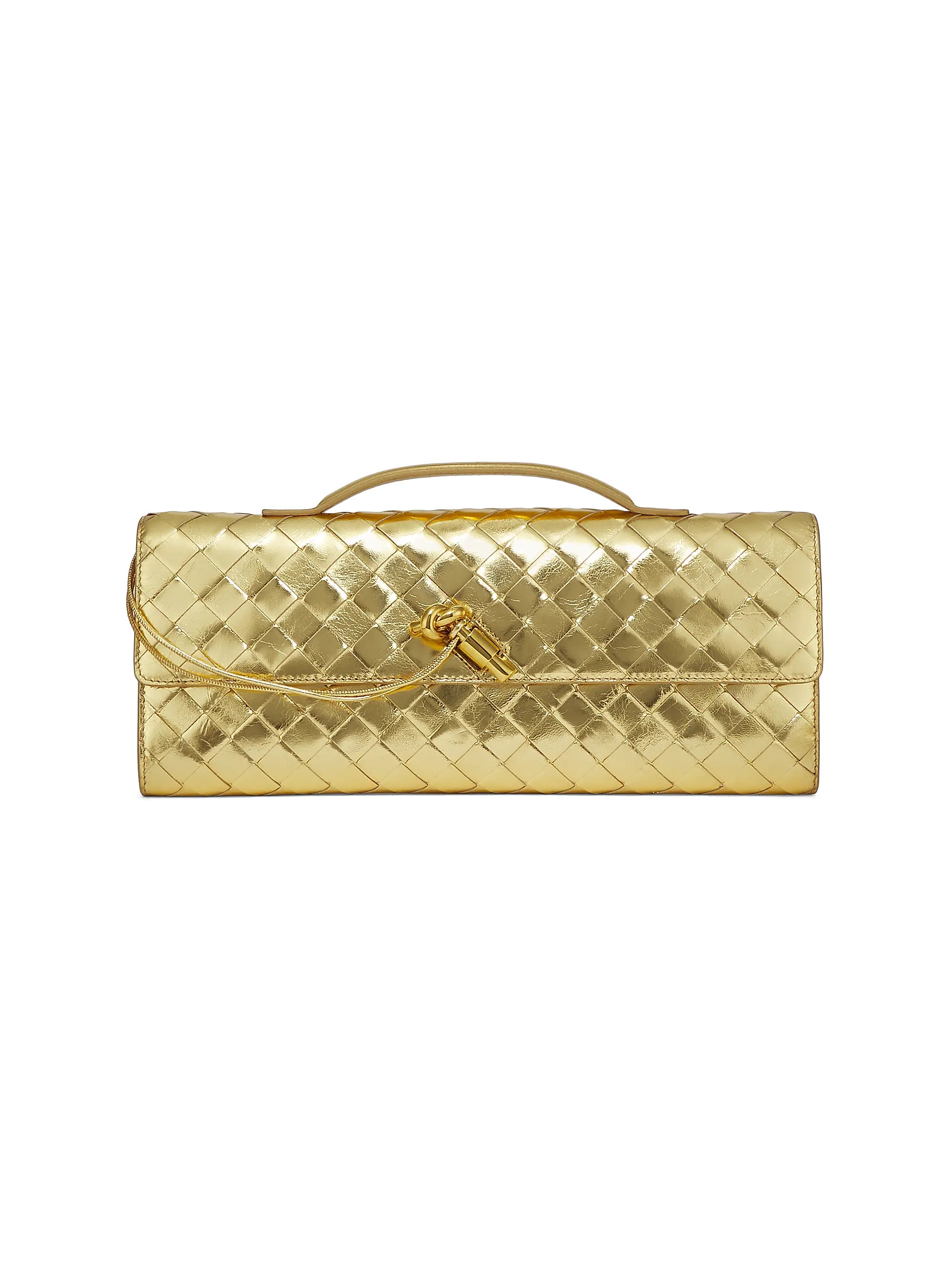 Bottega Veneta Andiamo Metallic Woven Leather Pouch | Saks Fifth Avenue | Saks Fifth Avenue