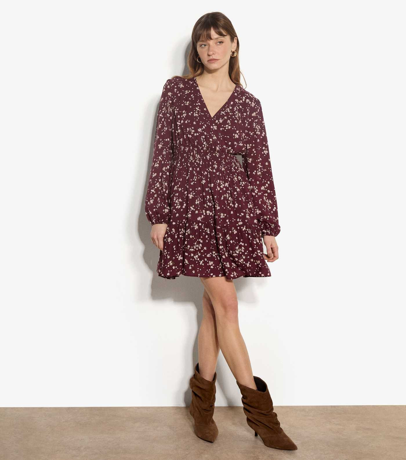 Apricot Dark Burgundy Daisy Print Wrap Front Mini Dress | New Look | New Look (UK)