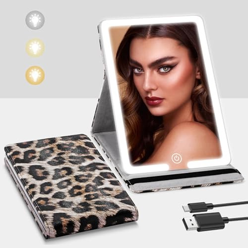 Travel Makeup Mirror of Leopard Print, PU Leather Travel Mirror with 3 Color Lights, Tabletop Lighted Makeup Mirror 8x5.5 inch Plane Vanity Mirror with Lights, Adjustable Angle Travel Cosmetic Mirror | Amazon (US)