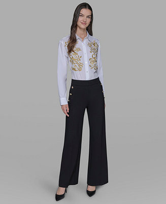 Women's Side-Button Wide-Leg Ponte Pants | Macy's