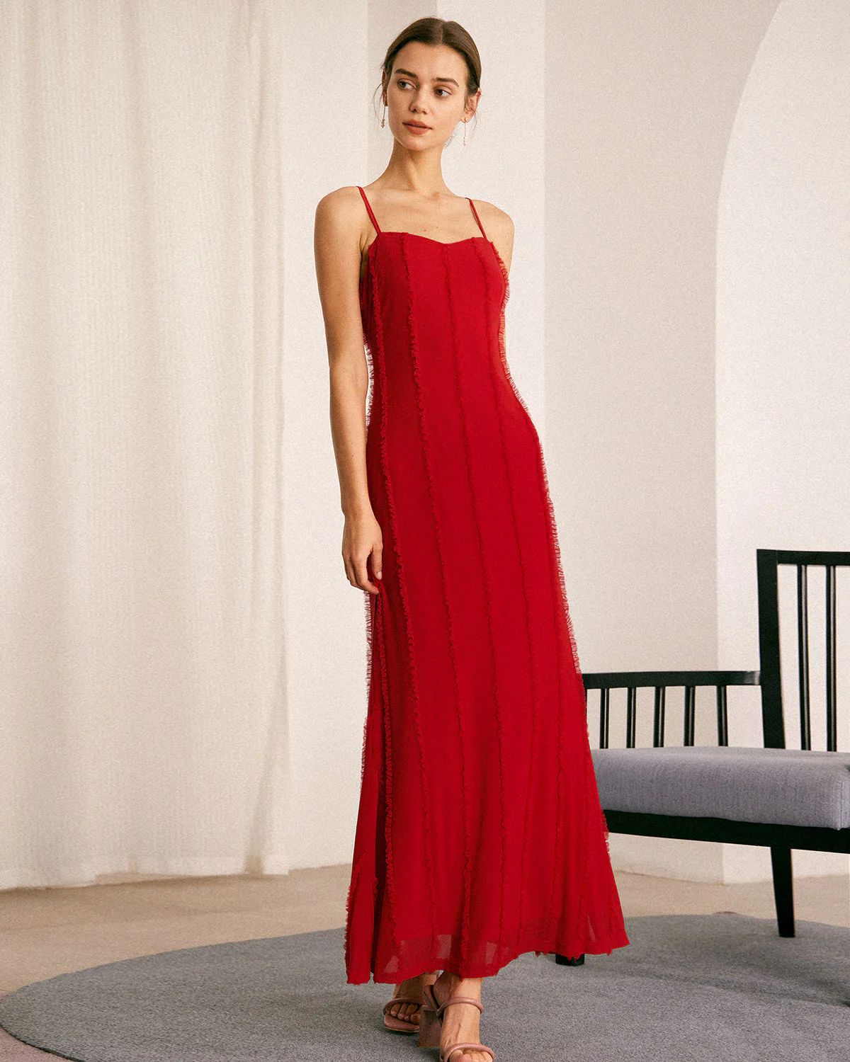 The Red Sweetheart Neck Ruffle Slip Maxi Dress & Reviews - Red - Dresses | RIHOAS | rihoas.com