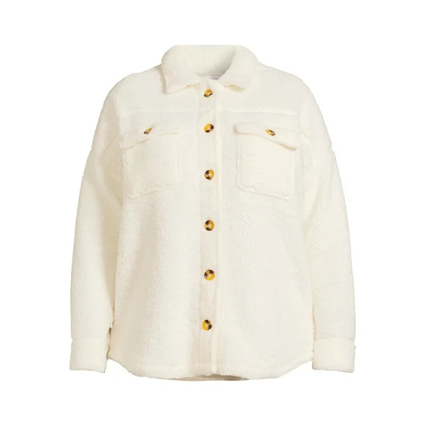 No Boundaries Juniors' Plus Size Oversized Button Up Faux Sherpa Shacket - Walmart.com | Walmart (US)
