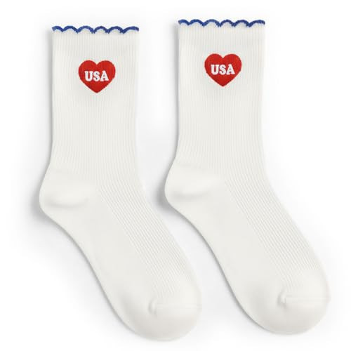 xo, Fetti America 250 USA Socks - White Crew Socks with Red Heart | Patriotic Party Decor, Fourth of July Outfit, America Birthday Gift, USA Celebration, Red White Blue Accessories | Amazon (US)