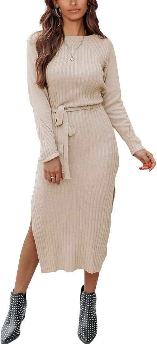 PRETTYGARDEN Women's Long Sleeve Crewneck Slit Tie Waist Slim Fit Sweater Dress Striped Ribbed Kn... | Amazon (US)