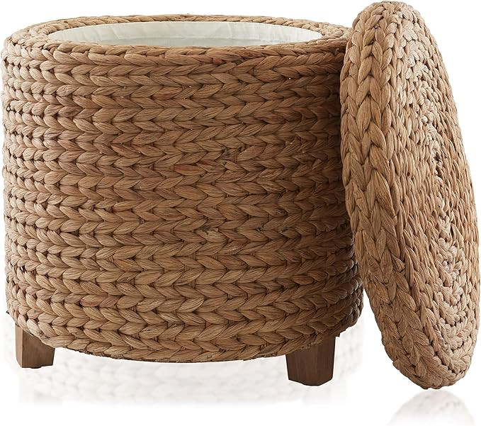 Casafield 17" Round Storage Ottoman with Lid - Cinnamon, Handwoven Water Hyacinth Footstool for L... | Amazon (US)