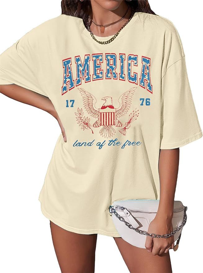 ASTANFY 1776 America Shirt Oversized Tshirts: Womens 4th of July Shirts Retro Eagles Band Tees Pa... | Amazon (US)
