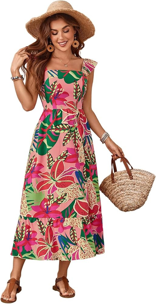 SOLY HUX Women's Summer Tropical Midi Dresses Square Neck Beach A-Line Sun Casual Boho Floral Pri... | Amazon (US)