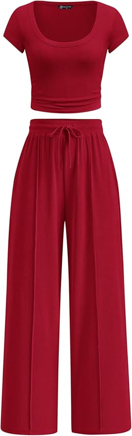 PRETTYGARDEN Women's Summer 2 Piece Matching Lounge Sets | Ribbed Comfy Clothing,Short Sleeve Cro... | Amazon (US)