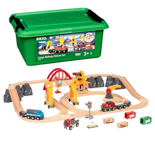 BRIO World Cargo Railway Deluxe - Wooden Track Train Set - Battery-Powered Engine, 3 Cranes, Bridge, Truck - Kids Ages 3+ - Compatible with All Wooden Rail Sets - FSC Certified Wood - 54-Pieces | Amazon (US)