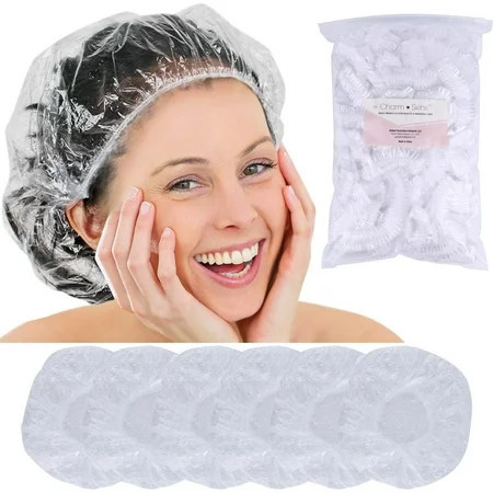 Charm Skins Disposable Hair Plastic Shower Cap (Pack of 100) Clear Women Shower caps Waterproof Bath Hat Processing Hair Cover for Treatment Spa Hair Salon and Home Use | Walmart (US)