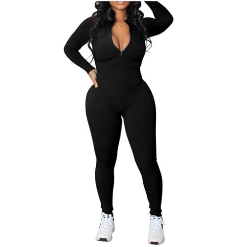 WMBFMWT Black Jumpsuit for Women Long Sleeve Sexy Zip Up Ribbed Bodycon Casual Unitard Pants Rompers Outfits Clubwear Black1 XXL | Amazon (US)
