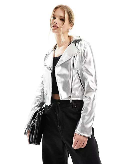 Bershka metallic biker jacket in silver | ASOS (Global)