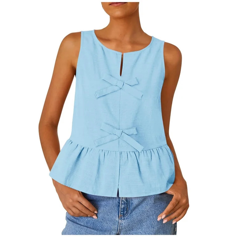 Women's Summer Sleeveless Tank Tops Crewneck Tie Front Linen Shirts Loose Fit Flowy Ruffle Peplum... | Walmart (US)