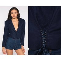 Cropped Blue Blazer Navy Wool Blend Jacket Y2K Button Up Collared Tailored Fitted Preppy Classic 00S | Etsy (US)