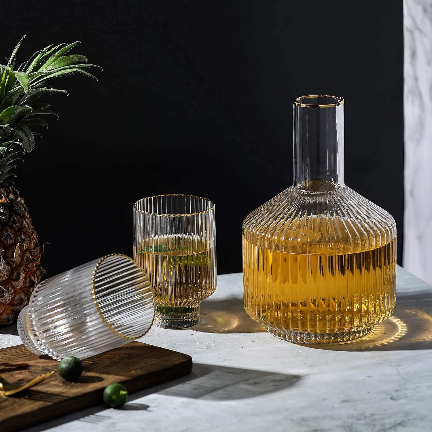 G bedside water carafe glass 1 pitcher 2 cups set for night time water decanter Carafe 59 oz Tumb... | Amazon (US)